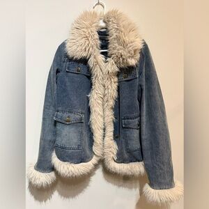 NanaMacs Faux Fur Trim Blue Denim Jacket